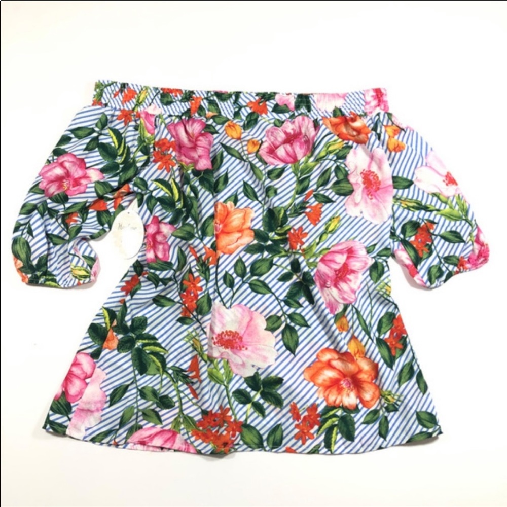 SOLD Harlow & Rose Blue Striped Floral Shoulder Top - Picture 2 of 11